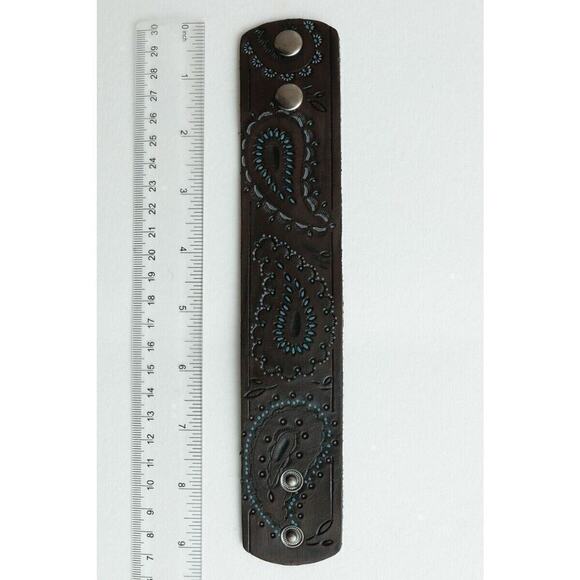 Handcrafted Navajo Choctaw 100% Brown Leather Cuff Bracelet Turquoise Painting - Picture 3 of 3
